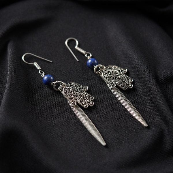 Boucles d'oreilles pendantes avec pierres précieuses bleues lapis-lazuli, Bijoux vintage faits main, Boucles d'oreilles pendantes en métal, Bijoux sans nickel, Cadeau de Noël pour elle