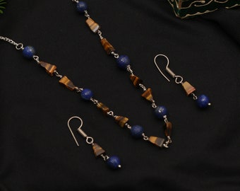 Lapis and Tiger's Eye Beads Necklace, Silver Plated Drop Earrings, Perfect Gift Set Jewellery, Nickel Lead Free Christmas Gifts For Women