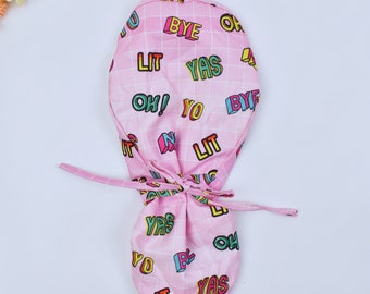 Funny Ponytail Scrub Cap: Flowers, Satin Lined, Coconut Buttons