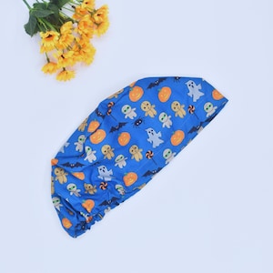 Halloween Euro scrub cap for women, Spooky Ghost Ponytail Scrub cap, surgeon Surgical cap, Trick or treat scrub cap, Satin lined Scrub Cap