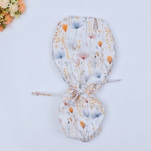 Floral Ponytail scrub cap, Surgical cap women. Satin Lined Option Surgical cap with ponytail. Satin Lined scrub cap.