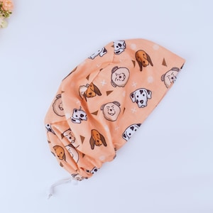 Dog Print Euro Scrub Cap: Satin Lined Cotton Ponytail Hat