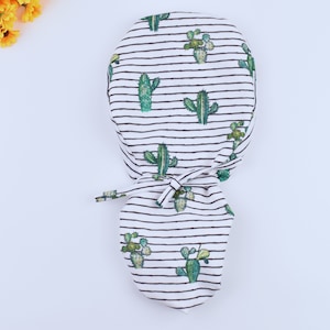 Cactus Garden Ponytail scrub cap, Surgical cap for women with Satin Lined Option. silk lined scrub cap.