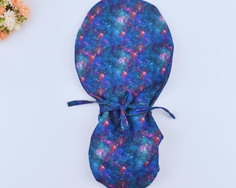 Space Galaxy Ponytail Scrub Caps for women, Purple Space Stars Euro scrub cap, Space Surgical cap, scrub cap men, satin lined scrub cap.