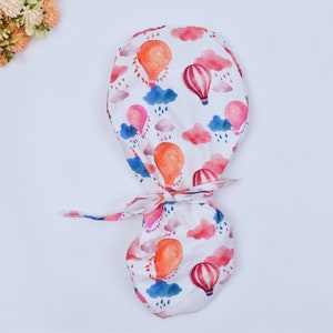 Hot air Balloon & Clouds Ponytail scrub cap, Surgical cap women. Surgical cap with ponytail, Scrub caps for women, Satin Lined Option.