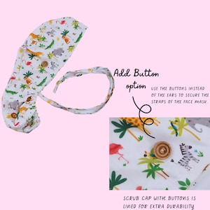 May include: White scrub cap with a colorful jungle animal print, including giraffes, zebras, and flamingos. Features a button option for securing face mask straps. The cap is lined for extra durability.