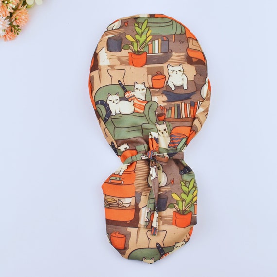 Funny Cat Print Ponytail Scrub Cap: Satin Lined Cotton Surgical Cap