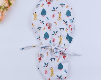 Christmas Scrub Cap: Santa, Reindeer, and Trees - Ponytail or Euro Style