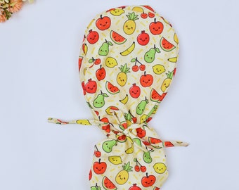 Fruits Print Ponytail Scrub Cap: Satin Lined Cotton Surgical Hat