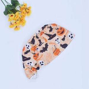 Halloween Boo Ghosts Ponytail Scrub Cap for Women with Ties Spooky Fall Surgical Hat Satin Lined Option, Skull Halloween scrub hat