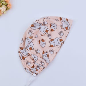 Cartoon Cat Scrub Cap: Cotton Surgical Hat, Ponytail or Euro Style, Satin Lined Option