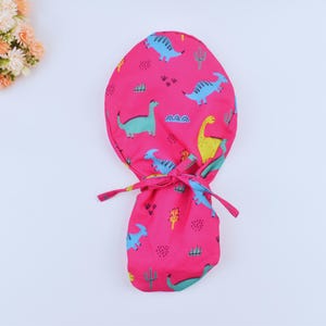 Pink DINOSAUR Scrub Cap, Scrub Hats, Satin Lined Scrub Caps for women euro style,surgical cap with buttons, anesthesia scrub cap, nicu nurse