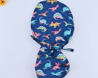 Dinosaur Ponytail Scrub Cap: Satin Lined Surgical Cap