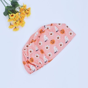 Halloween Boo Ghosts on Pink Ponytail Scrub Cap for Women with Ties Elastic Pouch Spooky Fall Surgical Hat Satin Lined Option Euro scrub cap