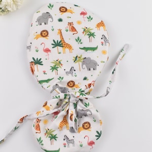 Wild animals ponytail scrub cap, Funny Surgical cap for women. Surgical cap with ponytail. Satin Lined scrub cap.