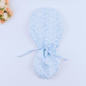 Blue Floral ponytail scrub cap, Surgical cap women. Surgical cap with ponytail. Euro scrub cap for women. Scrub hat, Satin lined scrub cap.