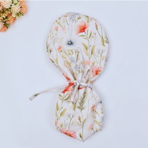 Women&#39;s European Style Surgical Scrub Cap, Floral Print, Satin Lined Option Surgical cap with ponytail. Satin lined scrub cap