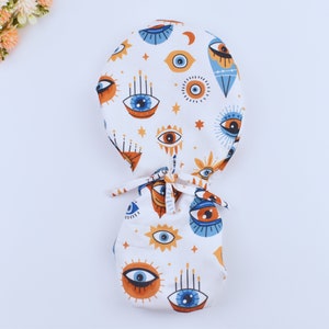 Evil Eye Ponytail Scrub Cap: Cotton Surgical Hat, Optional Satin Lined