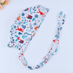 Christmas Scrub Cap: Holiday Print, Satin Lined, Ponytail Option