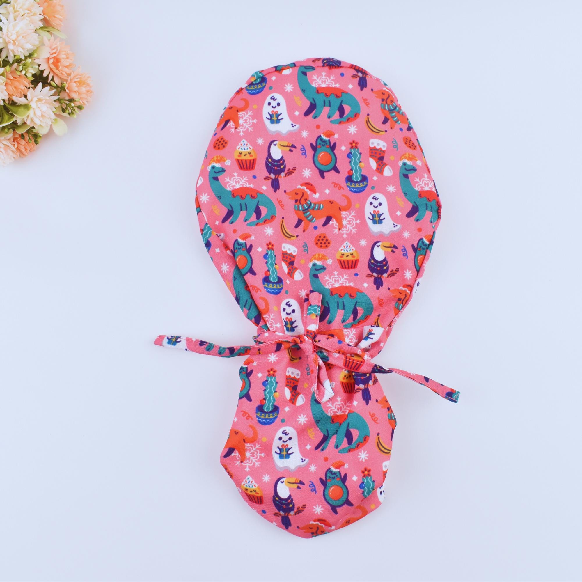 Pink Ponytail Scrub Cap: Satin Lined Cotton Nurse Cap