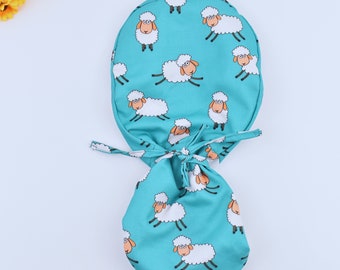 Sheep Ponytail scrub cap, Summer Surgical cap women. Surgical cap with ponytail, Scrub caps for women, surgery cap, Satin lined scrub cap.