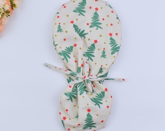 Christmas Tree Ponytail Scrub Cap: Euro Surgical Hat, Satin Option