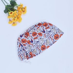 RIP Halloween Ponytail scrub cap for women, Spooky Ghost Euro Scrub cap, surgeon Surgical cap, Boo scrub cap for Women, Satin lined ScrubCap