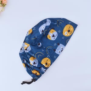 Dog Print Euro Scrub Cap: Rainbow Ponytail, Satin Lined, Adjustable