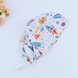 Space Print Ponytail Scrub Cap: Euro Style, Satin Lined