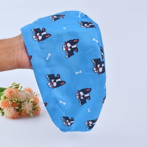 Boston Terrier Puppy Scrub Cap: Euro Surgical Hat, Ponytail Option