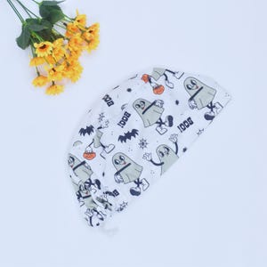 Halloween Boo Ghosts Ponytail Scrub Cap for Women, Funny Spooky Fall Surgical Hat, Pumpkin spiderwebs Euro scrub caps, Halloween scrub hat