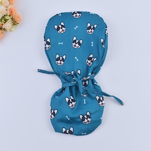 Blue Ponytail Scrub Cap: Satin Lined Cotton Surgical Hat