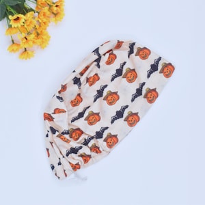 Halloween Boo Ghosts Ponytail Scrub Cap for Women, Spooky Fall Surgical Hat Satin Lined Cowboy Pumpkin Euro scrub caps, Halloween scrub hat