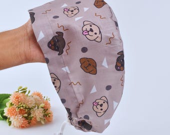 Dog Face Euro Scrub Cap for women, dog heads Ponytail scrub cap women, Surgical cap, Scrub cap men, satin lined scrub cap.