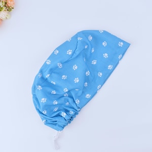 Pet Paw Euro Scrub Cap: Blue Cotton Ponytail Surgical Hat