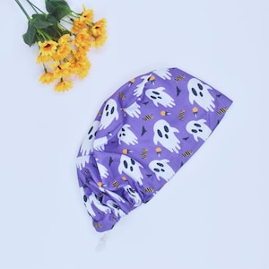Halloween Boo Ghosts on Purple Ponytail Scrub Cap for Women with Ties Elastic Pouch Spooky Fall candy Surgical Hat, Satin lined Scrub Cap