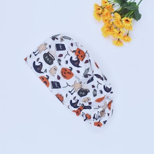 Halloween Boo Ghosts Ponytail Scrub Cap for Women with Ties Elastic Pouch Spooky Fall Surgical Hat Satin Lined Option, Halloween scrub hat