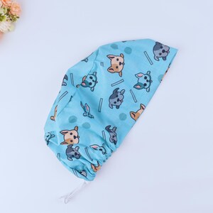 Dog Face Euro Scrub Cap: Women&#39;s Ponytail Surgical Hat, Satin Lined