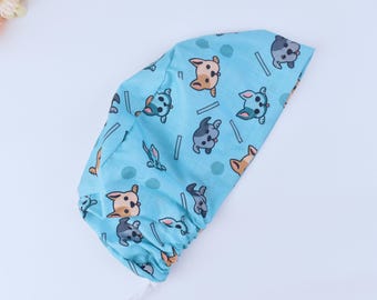 Dog Face Euro Scrub Cap: Women's Ponytail Surgical Hat, Satin Lined
