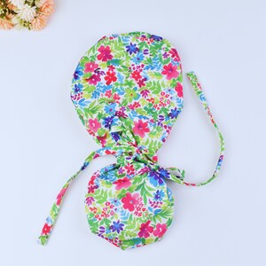 Floral ponytail scrub cap, Summer scrub cap with ponytail holder, Satin Lined Option Surgical cap with ponytail. Satin Lined scrub cap.