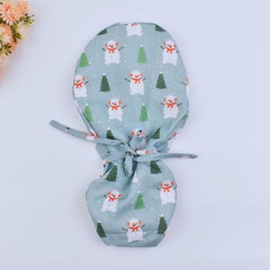 Christmas Snowmen Ponytail Scrub Cap: Satin Lined Cotton Surgical Cap