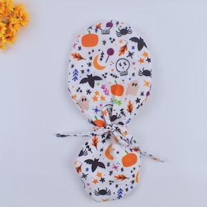 Halloween Ponytail scrub cap, Spooky Ghost Scrub caps, Pumpkin surgeon Surgical cap, Floral scrub caps for Women, Satin lined Scrub Cap,