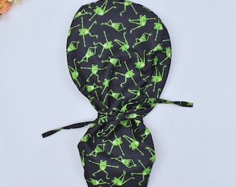 Funny Frogs Ponytail Scrub Cap for women, Green Frogs Euro scrub cap for women. Frogs Surgical scrub cap men, Satin Lined Scrub Cap.