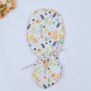 Floral Leaves Ponytail scrub cap, Surgical cap women. Satin Lined Option Surgical cap with ponytail, Satin Lined scrub cap.