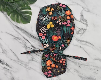 Floral Ponytail Scrub Cap: Satin Lined Surgical Cap