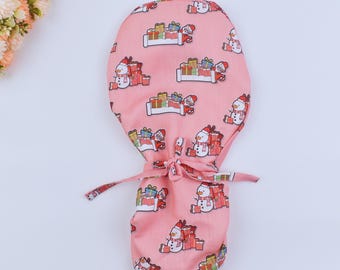 Christmas Ponytail Scrub Cap: Santa Gift Print, Euro Surgical Hat