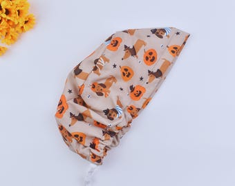 Halloween Scrub Hat: Puppy & Pumpkin Ponytail Surgical Cap