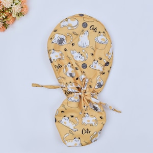 Cat Print Ponytail Scrub Cap: Satin Lined Cotton Surgical Cap