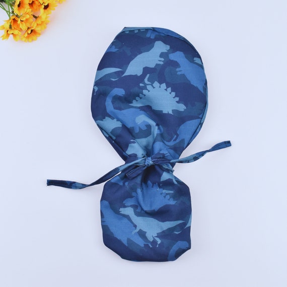 Dino Surgical Scrub Cap with Teal Ribbon Scrub hats, nurse scrub cap, womens surgical hat, ponytail  main image 3