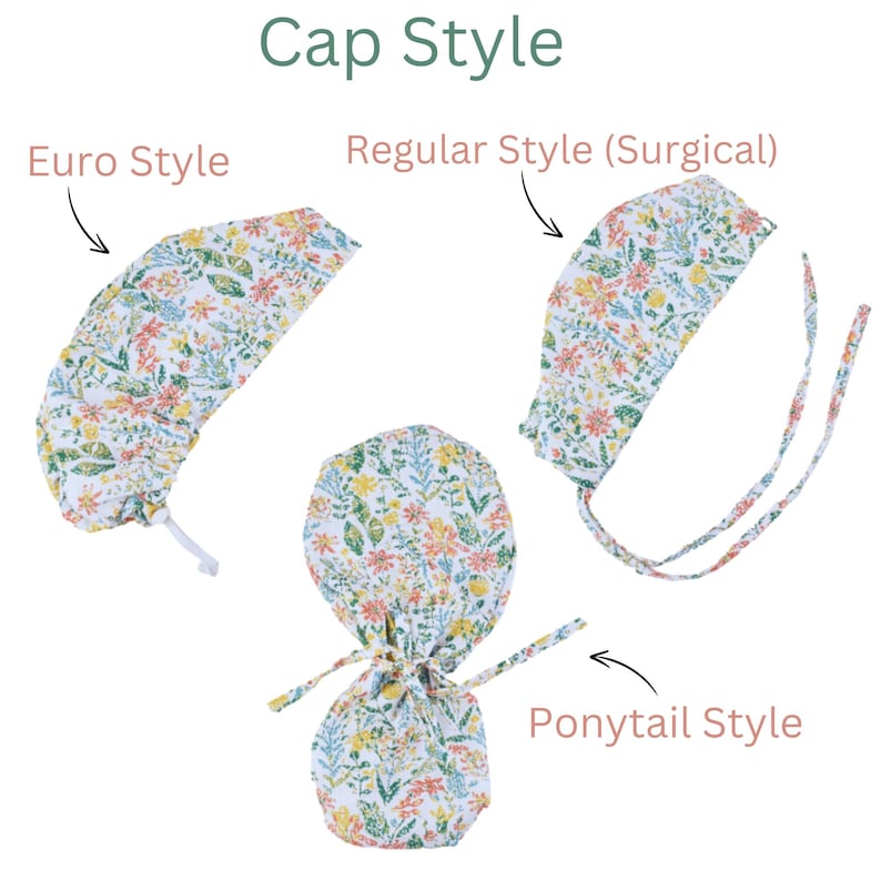 May include: Image showing three different styles of floral patterned caps: Euro Style, Regular Style (Surgical), and Ponytail Style. The caps are white with a pattern of yellow, orange, and green flowers and leaves. The text "Cap Style" is at the top.